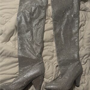 Silver Rhinestone Knee-High Boots